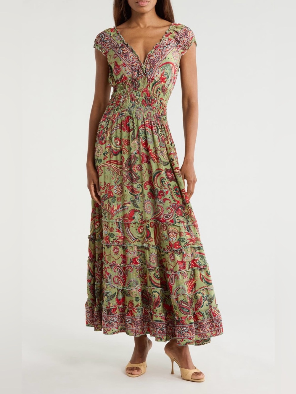 Ben & Lisa Paisley Scrunched Maxi Dress in Green